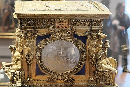 Renaissance caryatids on the Cassetta Farnese, by Manno Sbarri, Giovanni Bernardi and Perin del Vaga, 1548-1561, gilded silver, embossed and chiselled rock crystal, enamel and lapis lazuli, Louvre