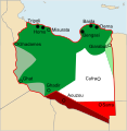 Image 41Territorial growth of Italian Libya: Territory ceded by Ottoman Empire 1912 (dark-green) but effectively Italy controlled only five ports (black), territories ceded by France and Britain 1919 and 1926 (light-green), territories ceded by France and Britain 1934/35 (red) (from History of Libya)