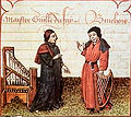 Image 33Guillaume Du Fay (left), with Gilles Binchois (right) in a c. 1440 Illuminated manuscript copy of Martin le Franc's Le champion des dames (from History of music)