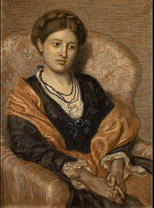 A pastel sketch of a white woman with auburn braided hair, seated in an upholstered armchair, wearing a dark dress and a gold shawl