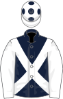 Dark blue, white cross-belts and sleeves, white cap, dark blue spots