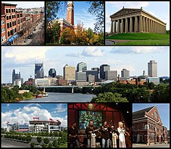 Dari kiri atas: 2nd Avenue, Kirkland Hall di Universitas Vanderbilt, Parthenon, langit di Nashville, LP Field, pertunjukan Dolly Parton di Grand Ole Opry, dan Auditorium Ryman