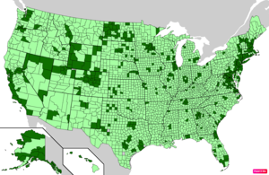 Counties in the United States by median nonfamily household income according to the U.S. Census Bureau American Community Survey 2013–2017 5-Year Estimates.[265] Counties with median nonfamily household incomes higher than the United States as a whole are in full green.