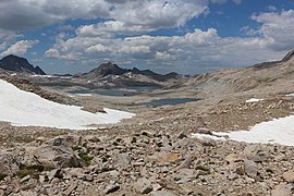 View of Mount McGee, Lake McDermand and Wanda Lake, ascending the pass