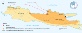 Peta rentang operasi militer yang dilakukan oleh Kesultanan Demak (serta sekutunya seperti Kesultanan Cirebon), termasuk ekspedisi ke Melaka Portugis, hingga pada masa pemerintahan Trenggana (1518–1546)