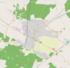 Mapa konturowa Kłobucka, w centrum znajduje się punkt z opisem „Pałac w Kłobucku-Zagórzu”