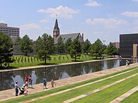 Long reflecting pond lined with trees and walkways