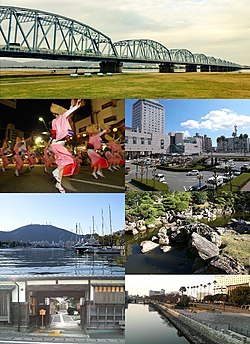 Left to right from top: Yoshinogawa Bridge, Awa Odori in August, Tokushima Station, Mount Bizan, Senshukaku Garden at Tokushima Castle, Awa Jūrōbei House, Aibahama Park