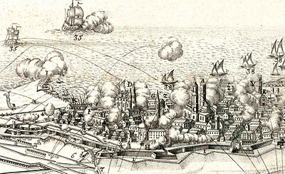 Detall del bombardeig de Barcelona. J. Van Ghelen (Viennae) 1716.