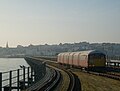 Island Line No. 008 arrives at Ryde Pier Head, wearing the final used livery based on that of London Transport.