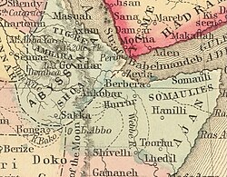 The Emirate of Harar confined by the Somalis in the east and Abyssinia in the west c. 1860