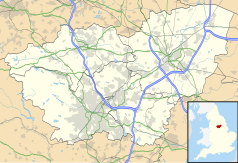 Mapa konturowa South Yorkshire, blisko centrum na prawo znajduje się punkt z opisem „Wadworth”