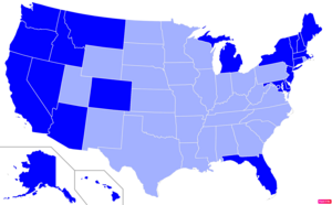 States in the United States by non-Christian (e.g. Non-religious, Jewish, Muslim, Hindu, Buddhist) population according to the Pew Research Center 2014 Religious Landscape Survey.[248] States with non-Christian populations greater than the United States as a whole are in full blue.