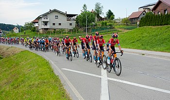 Team Bahrain Victorious leading the peloton on Stage 1