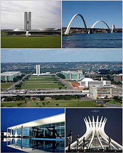 From upper left: Juscelino Kubitschek Bridge, Planalto Palace, Monumental Axis, Brazilian flag, Cathedral of Brasília and the National Congress of the Federative Republic of Brazil.