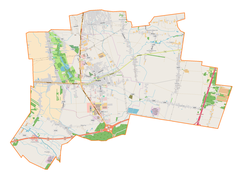 Mapa konturowa gminy Rzgów, blisko centrum na prawo u góry znajduje się punkt z opisem „Huta Wiskicka”