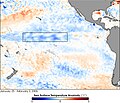 Die Temperatur der Meeresoberfläche von Januar bis Februar 2006 zeigt deutlich die für La Niña charakteristische Abkühlung im äquatorialen Pazifik …