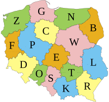 Polish voivodeship divison with a letter attached to each one.