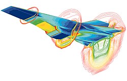 Computer-generated image of stress and shock-waves experienced by aerial vehicle travelling at high speed