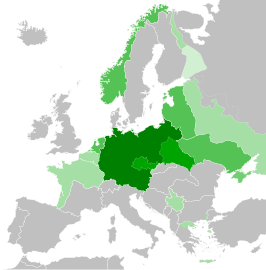 Nazi-Duitsland in 1942 ■ Duitsland ■ Protectoraat Bohemen, Moravië, Polen ■ Bezette gebieden onder civiel bestuur ■ Bezette gebieden onder militair bestuur ■ Finse bezettingszone