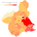 Loĝdenso laŭ municipoj de MUrcia Regiono, 2018.