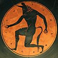 Kylix tondo depicting the Minotaur with generic "the boy is beautiful" inscription, c. 515 BC