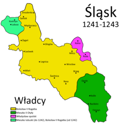 The map of the duchies controlled by the Silesian Piast dynasty from 1241 to 1243, including the Duchy of Lubusz in the north-west