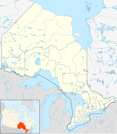 Mapa konturowa Ontario, na dole po prawej znajduje się punkt z opisem „Kingston”