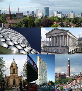 Din stânga sus: Panoramă a Birmingham City Centre de la Edgbaston Cricket Ground; Selfridges in the Bull Ring; Birmingham Town Hall; St Philip's Cathedral; Alpha Tower; University of Birmingham.