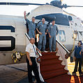 Apollo 10 crewmembers Eugene Cernan, Thomas P. Stafford, and John W. Young onboard Princeton, 26 May 1969