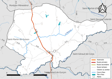 Carte en couleur présentant le réseau hydrographique de la commune