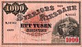 A svéd jegybank (Sveriges Riksbank) 1890 és 1950 között kibocsátott 1000 koronás Sittande Svea típusú bankjegye, mérete 210 x 120 mm.