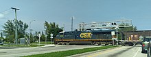 A CSX train on the Homestead Subdivision at the Bird Road grade crossing.