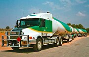 A tanker road train on an outback road. The Australian Road Rules apply to any heavy or light vehicle that operates on Australian roads.