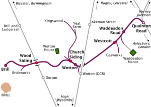 Map of a railway line running roughly southwest to northeast. Long sidings run off the railway line at various places. Two other north-south railway lines cross the line, but do not connect with it. At the northeastern terminus of the line, marked "Quainton Road", the line meets three other lines running to Rugby & Leicester, Verney Junction, and Aylesbury & London respectively. The southwestern terminus, marked "Brill", is some distance north of the town of Brill, which is the only town on the map. A station on one of the other lines, marked "Brill and Ludgersall", is even further from the town of Brill.