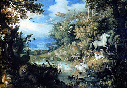 Pintura d'animals on apareix un dodo a la part inferior dreta. Musée des Beaux-Arts, Reims. Roelant Savery, 1625