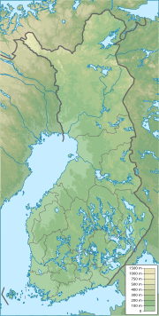 Mapa konturowa Finlandii, u góry po lewej znajduje się czarny trójkącik z opisem „Haltiatunturi”