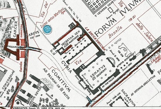 Santa Martina, här benämnd SCAE MARTINAE, på Rodolfo Lancianis karta över det antika och det moderna Rom från år 1893–1901. Kartutsnittet visar även kyrkan Sant'Adriano, här benämnd SCI HADRIANI, samt Via Bonella.