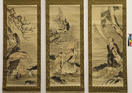 Hanging scroll with Gama Sennin (left), Fukurokuju (centre), and Tekkai Sennin