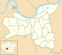 Mapa konturowa gminy Wandsworth, po prawej nieco na dole znajduje się punkt z opisem „Tooting Bec”