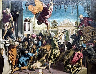 Tintoretto, Pyhän Markuksen ihme, 1548, 415 x 541 cm, Galleria della Accademia, Venetsia.