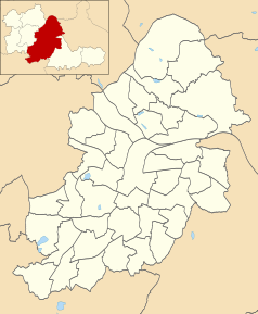 Mapa konturowa Birmingham, na dole nieco na lewo znajduje się punkt z opisem „Selly Oak”