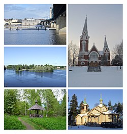 Ylhäältä alas, vasemmalta oikealle: Pielisjoen ylittävä Suvantosilta Penttilän suuntaan, Joensuun evankelis-luterilainen kirkko, Ilosaari kuvattuna etelästä, Kuhasalossa sijainneen luostarin muistomerkki, Joensuun ortodoksinen kirkko.