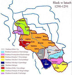 Silesia 1290-91: Kadipaten Cieszyn (kuning) di bawah Mieszko I