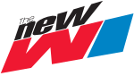 A very small and thin "The" next to a thick, black, angled "new" in a condensed sans serif above angled, bold letters W and I, the W in red and the I in blue