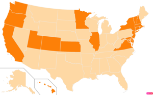 States in the United States by the percentage of the over 25-year-old population with bachelor's degrees according to the U.S. Census Bureau American Community Survey 2013–2017 5-Year Estimates.[264] States with higher percentages of bachelor's degrees than the United States as a whole are in full orange.