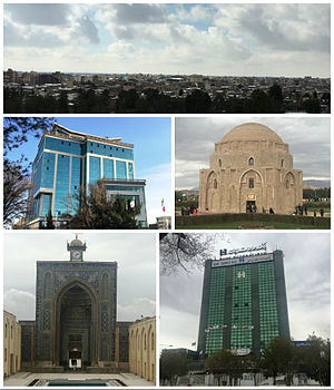 Clockwise from the top: Kerman's skyline; Jabaliyeh dome – ancient museum of stone; Saderat Bank tower; Jameh Mosque; and Burj Av'al (Tower One)