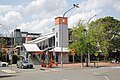 The southern entrance of St Marys train station after the metro line renovation. The tower, which once sported a functioning clock face, is now bare. In the background is a multi-storey carpark on the northern entrance of the station, beyond which is North St Marys - the industrial half of the suburb.