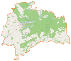 Mapa konturowa powiatu augustowskiego, blisko górnej krawiędzi po lewej znajduje się punkt z opisem „Pijawne Ruskie”