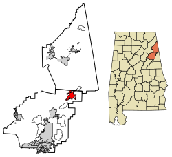 Location of Piedmont in Calhoun County and Cherokee County, Alabama